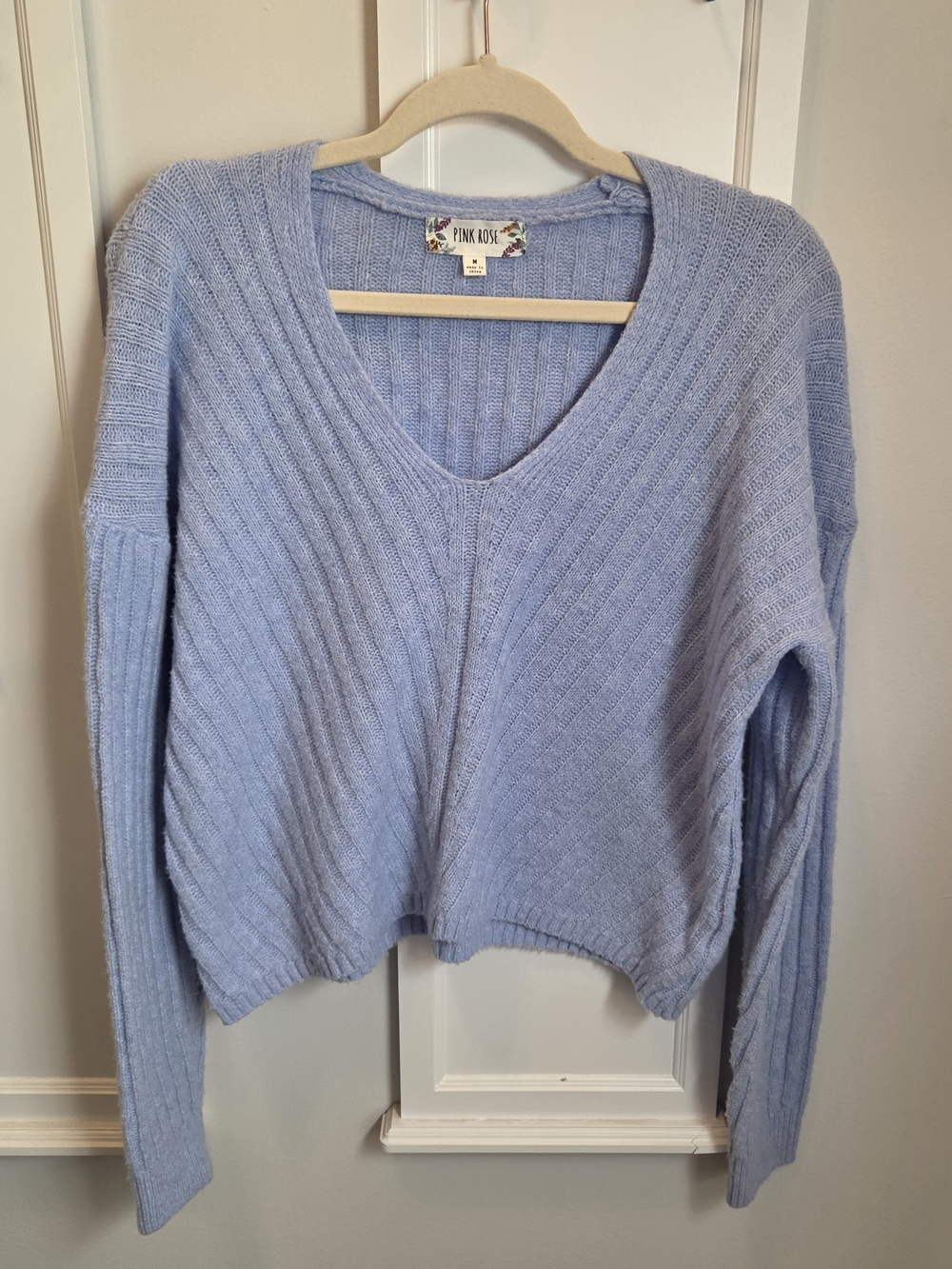 Pink Rose Women's Powder Blue V-Neck Ribbed Knit Sweater